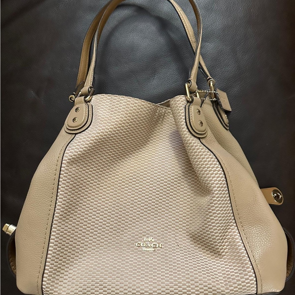 Coach Tan Shoulder Bag with Pebbled Leather and Silver Hardware